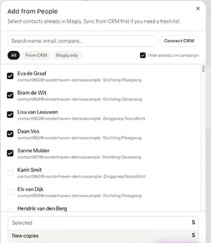 Magiq Moments: selecting recipients for a campaign, with a Connect CRM button